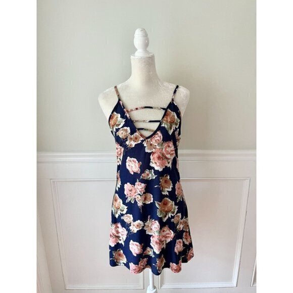 Floral Strappy Mini Dress Navy Blue Small - Picture 1 of 4